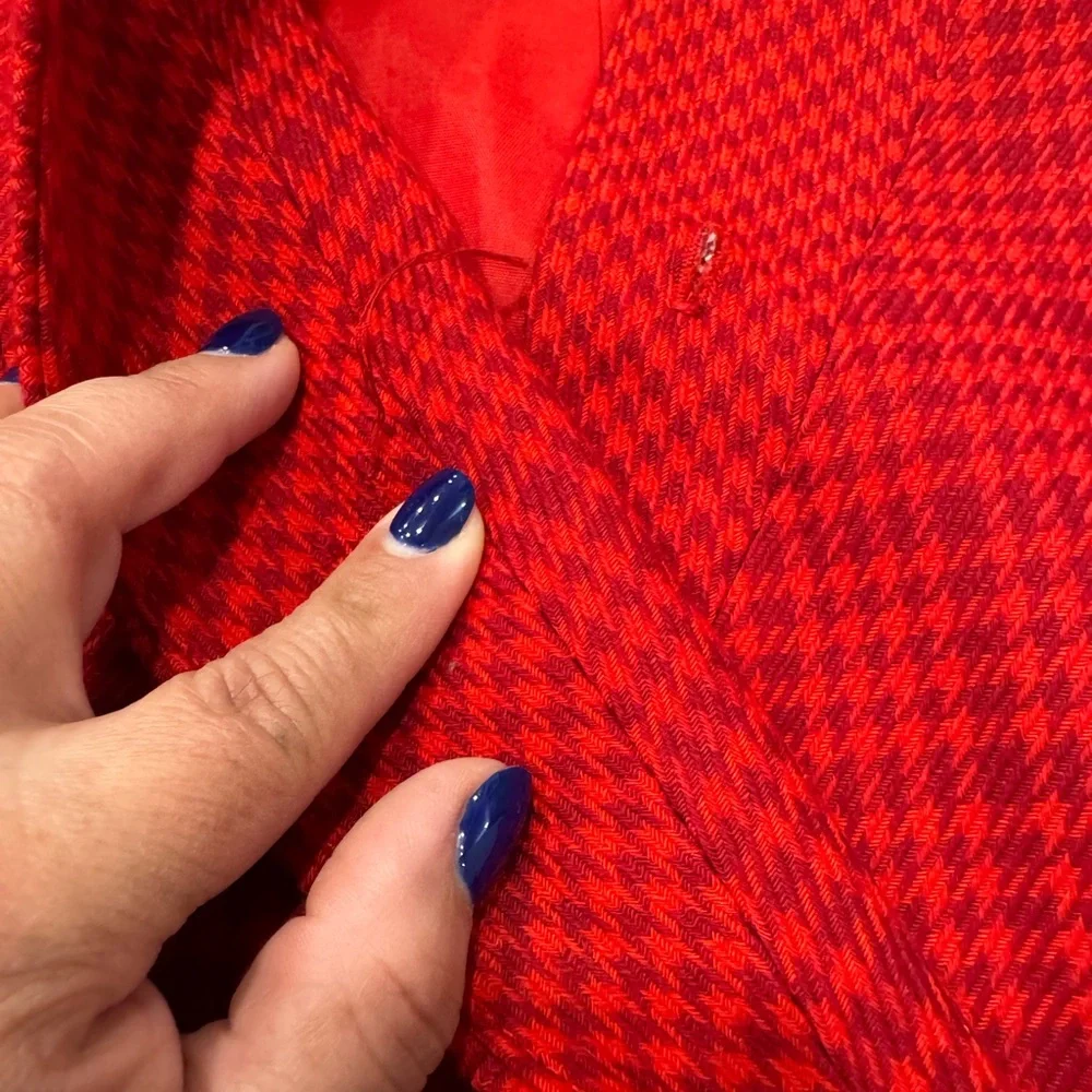 Christian Dior Vintage Houndstooth Red Plaid Pure Wool Blazer Top Size 12P
